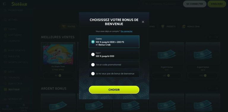 Slotexo Casino choix bonus inscription